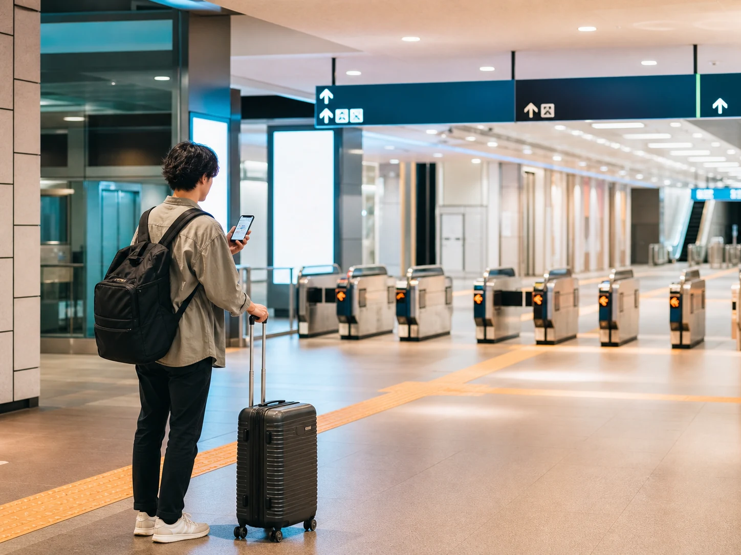 공항 철도 개찰구 앞에서 여행 가방을 세우고 경로를 확인하는 여행자