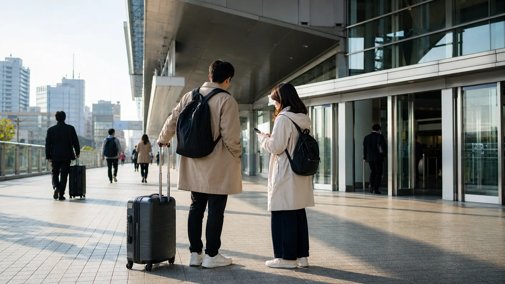 신오사카역 인근 보행 데크에서 수하물과 휴대전화를 확인하는 여행자