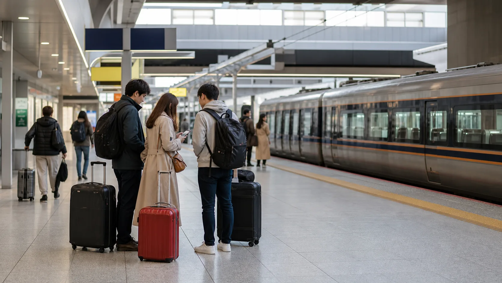 공항 철도 승강장에서 여행 가방을 세우고 이동 경로를 확인하는 사람들